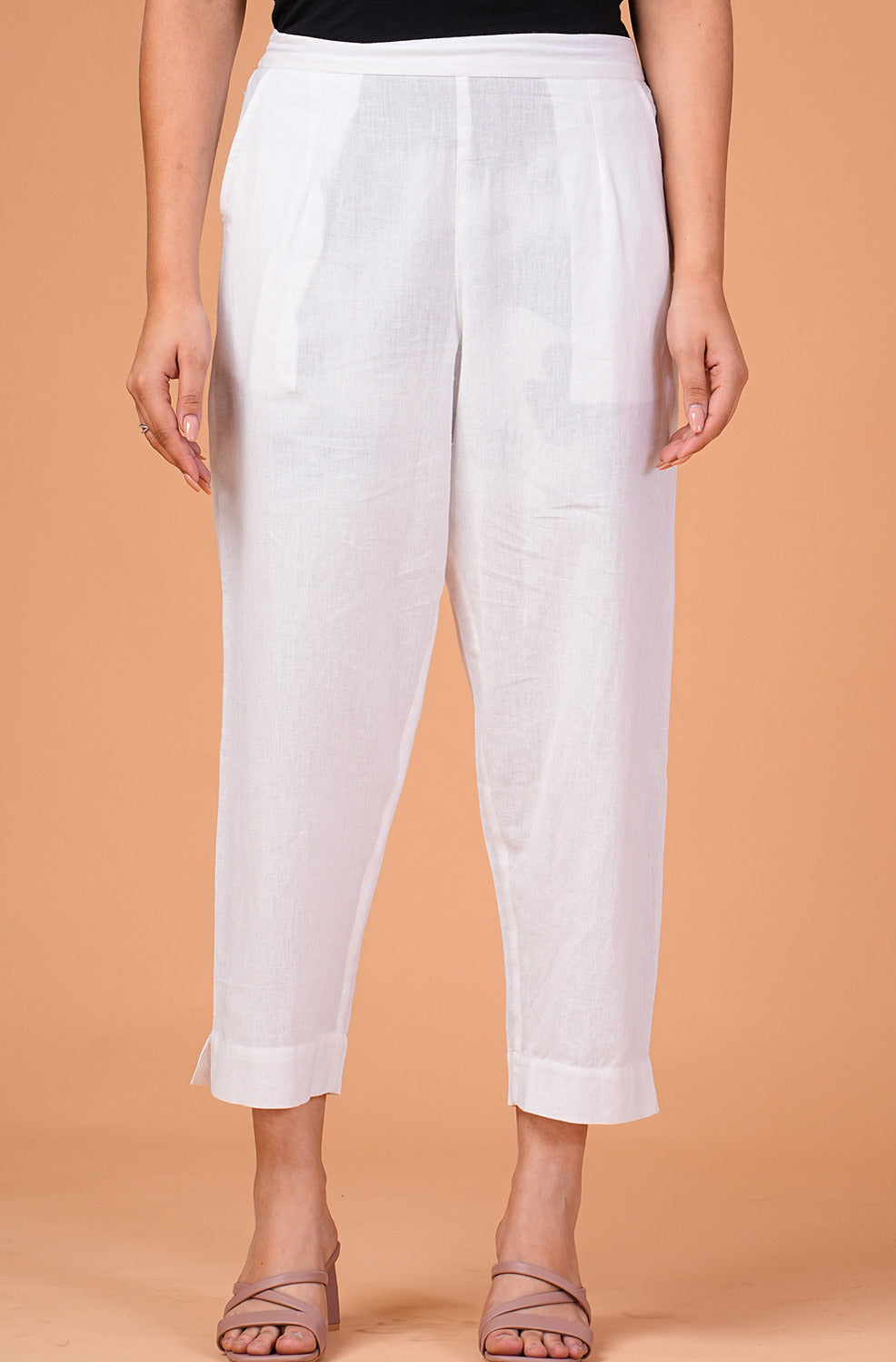 White Cotton Regular Fit Straight Pant