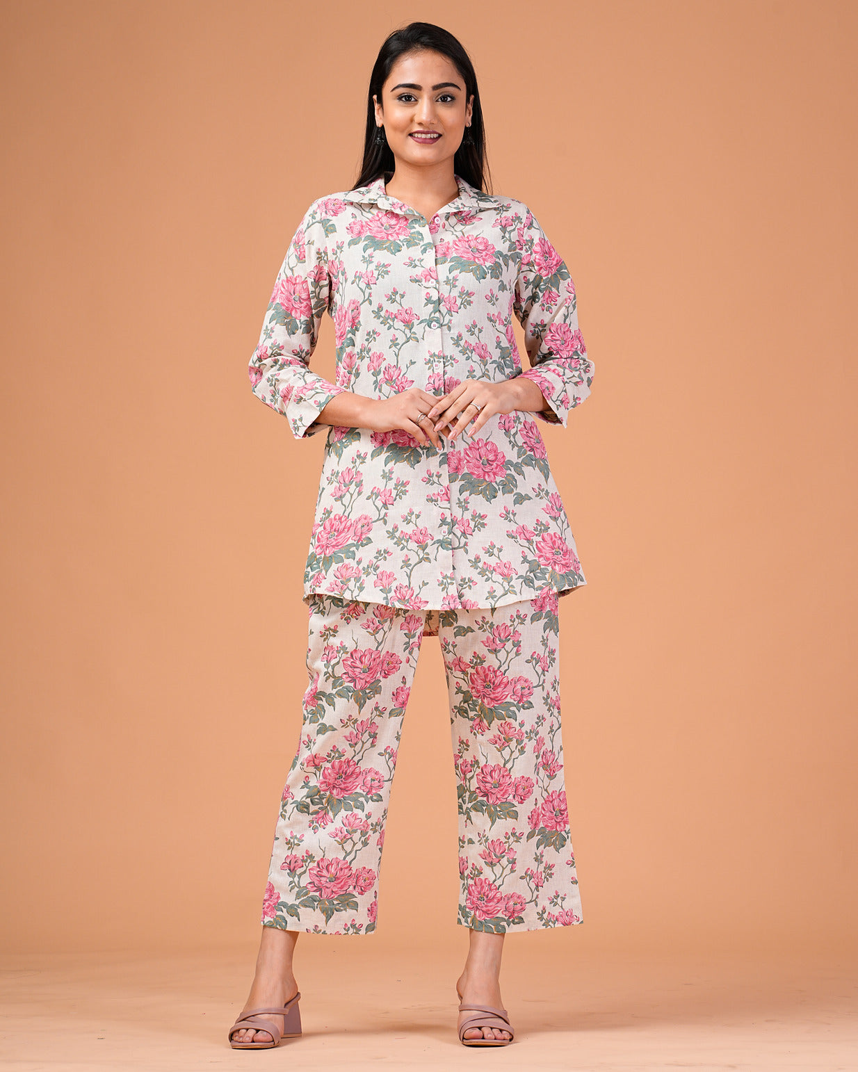 Off-White With Pink Floral Print Co-ord Set