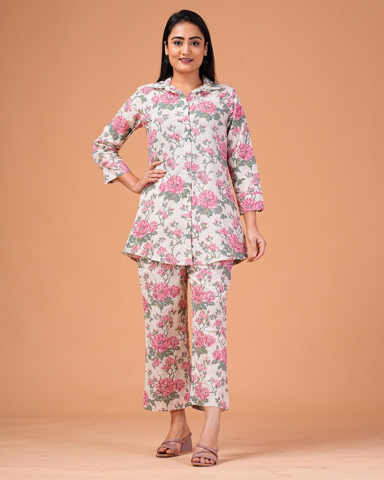 Off-White With Pink Floral Print Co-ord Set