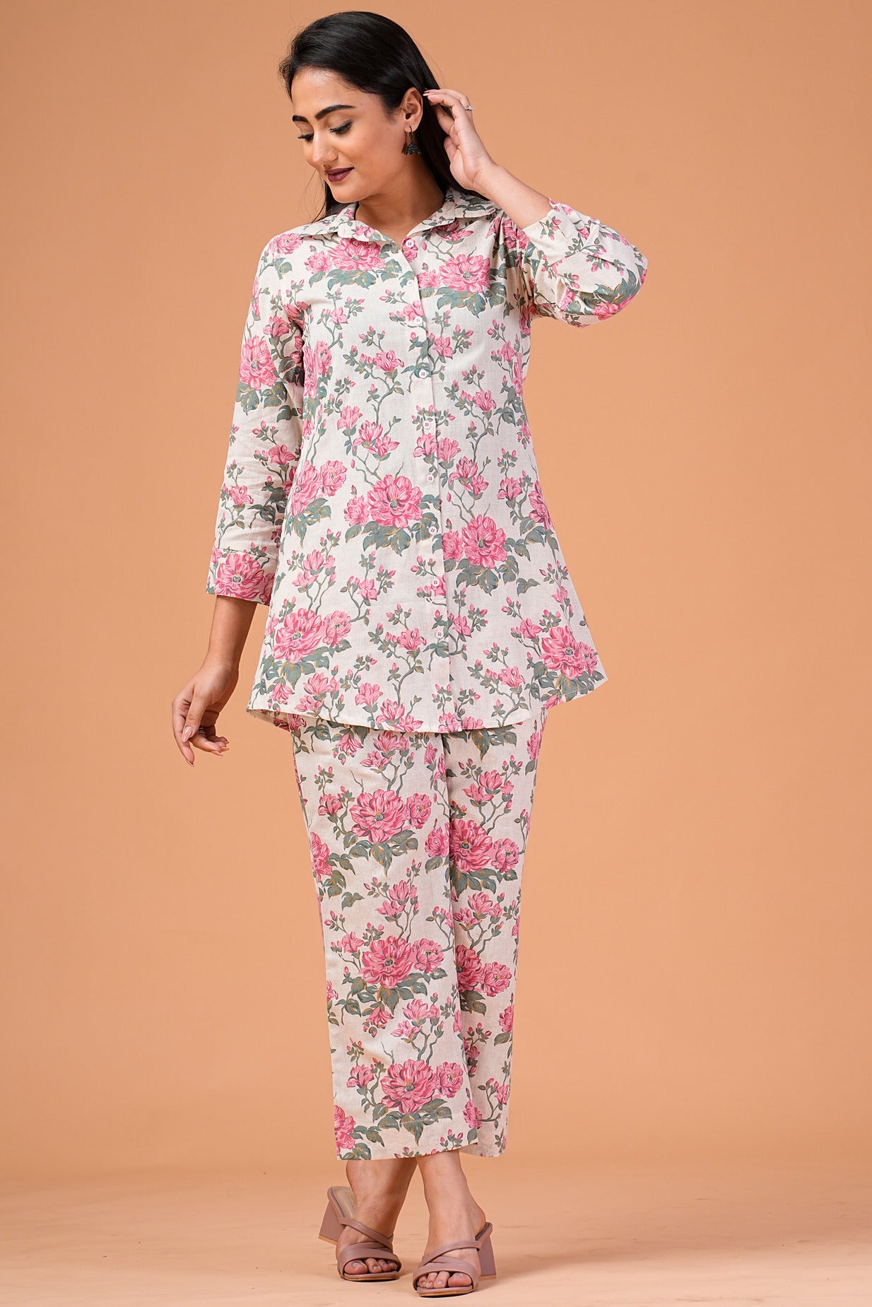 Off-White With Pink Floral Print Co-ord Set