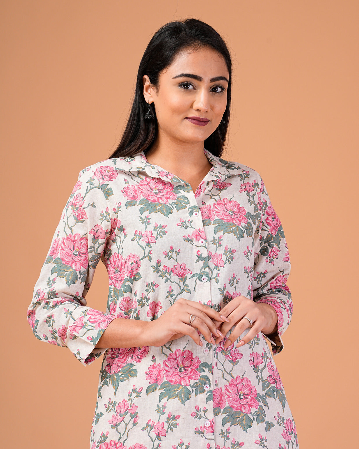 Off-White With Pink Floral Print Co-ord Set