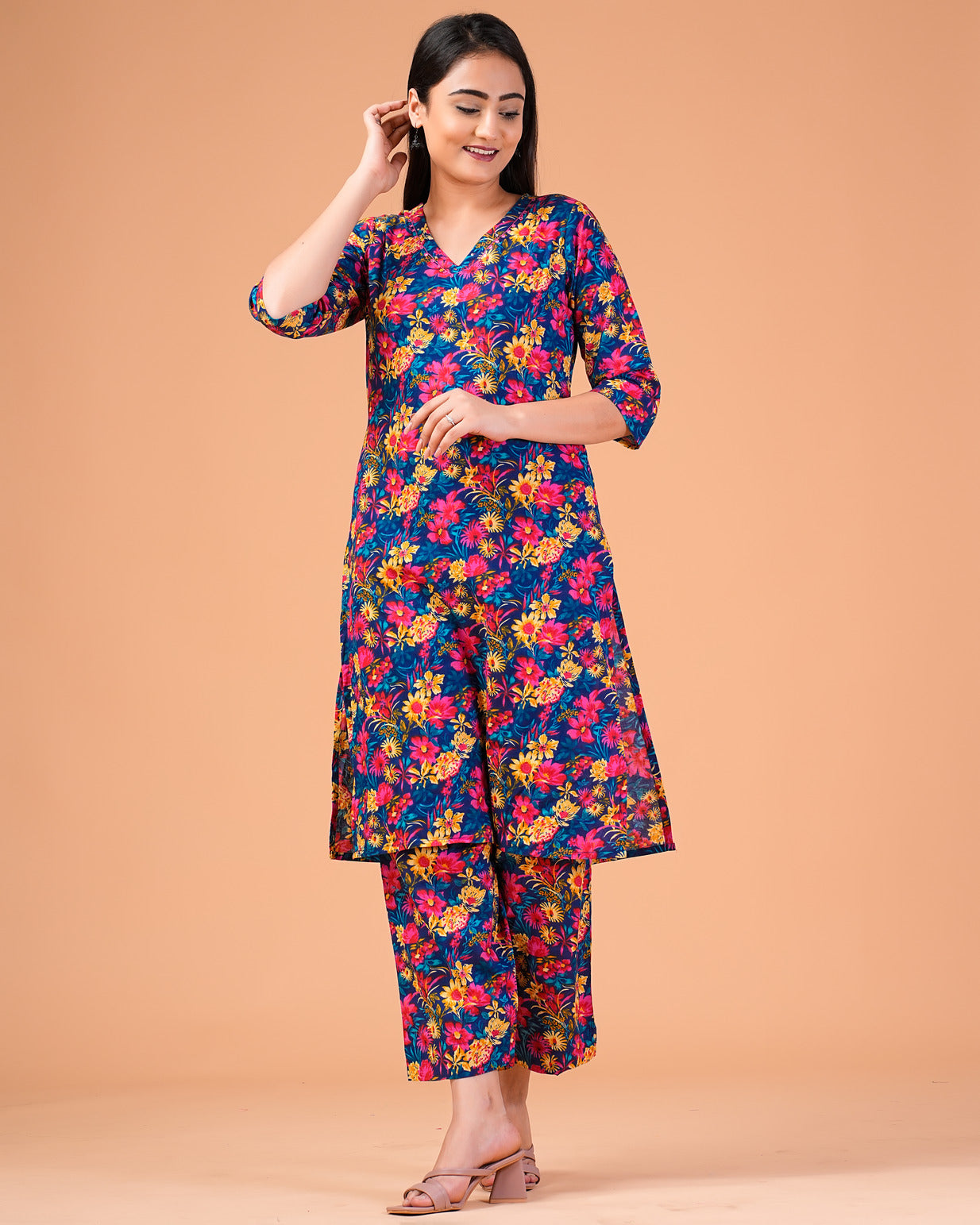 Blue Floral Printed Cotton Kurti Set