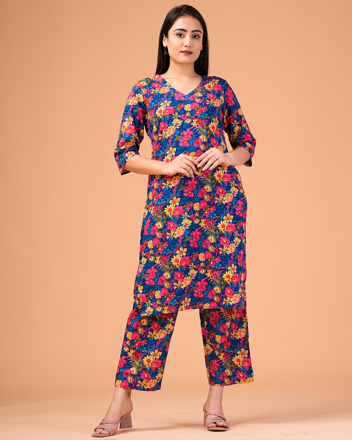 Blue Floral Printed Cotton Kurti Set