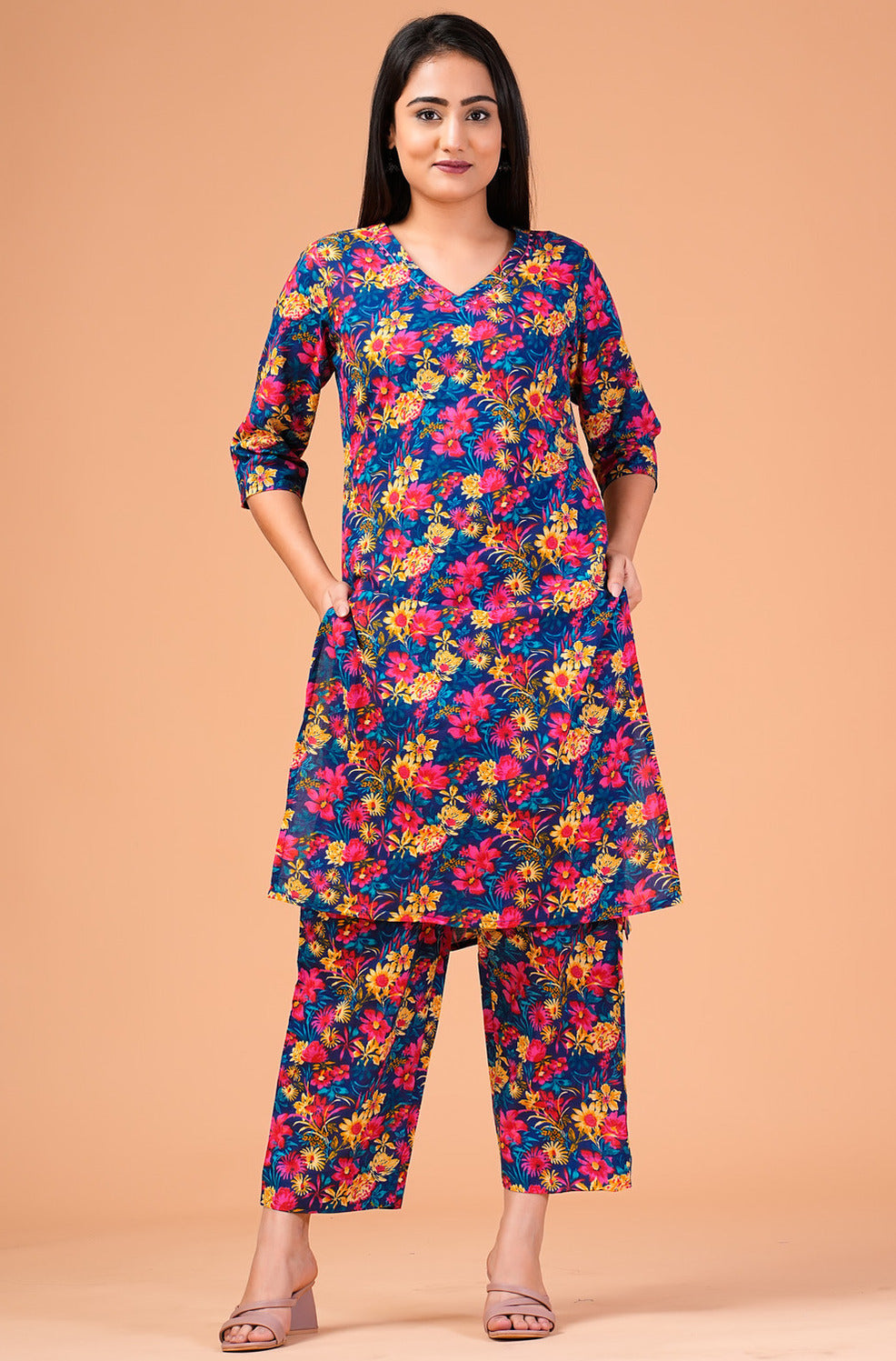 Blue Floral Printed Cotton Kurti Set