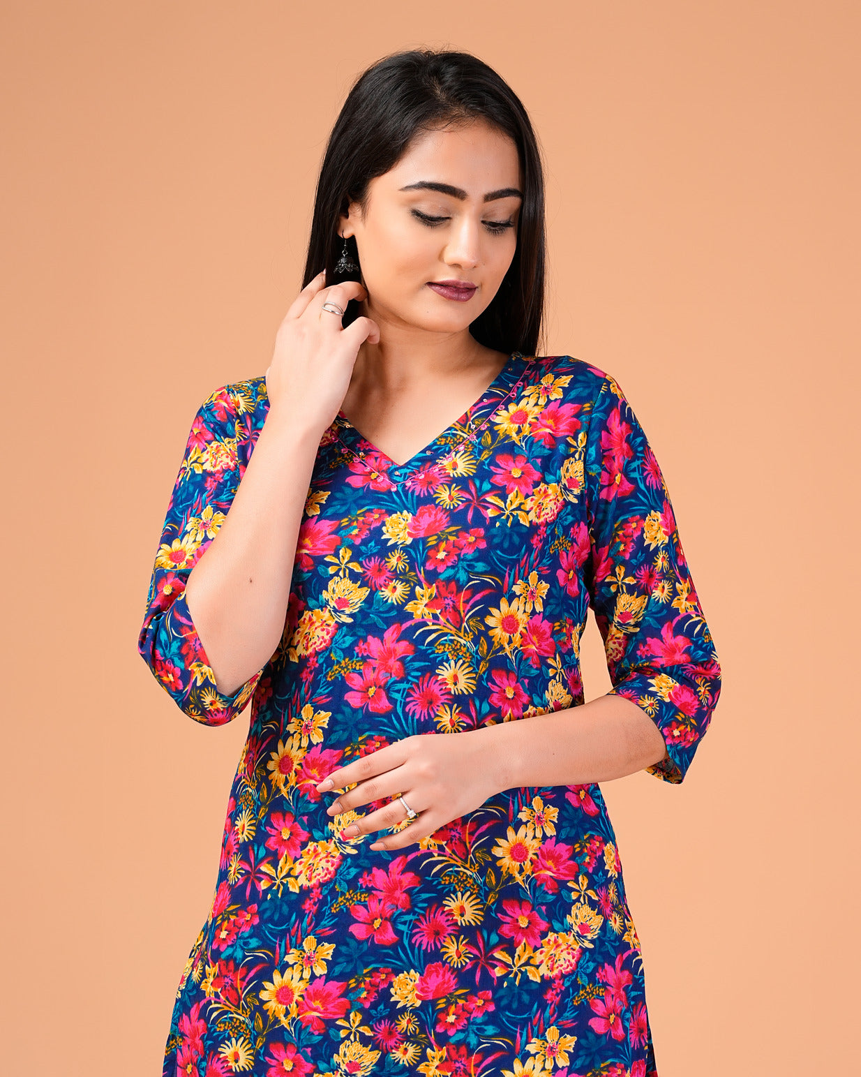 Blue Floral Printed Cotton Kurti Set