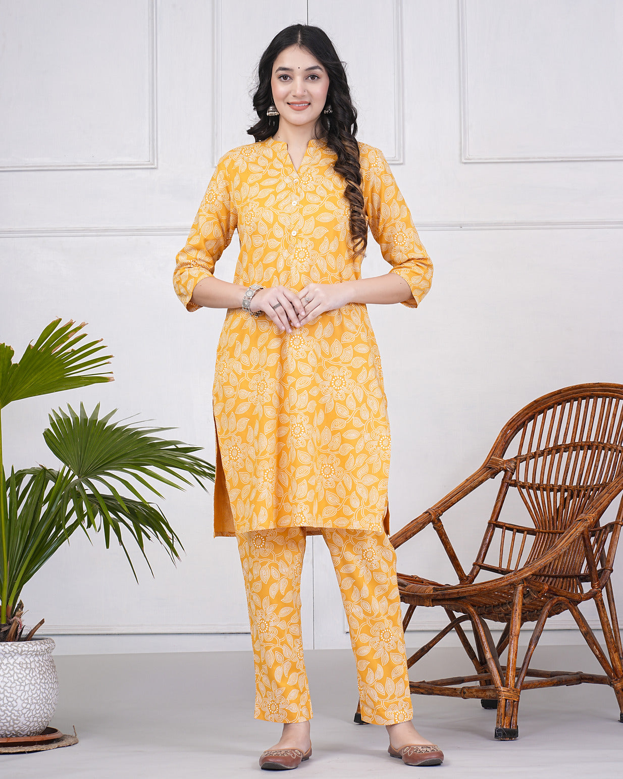 Yellow With Block Printed Rayon Kurti Set