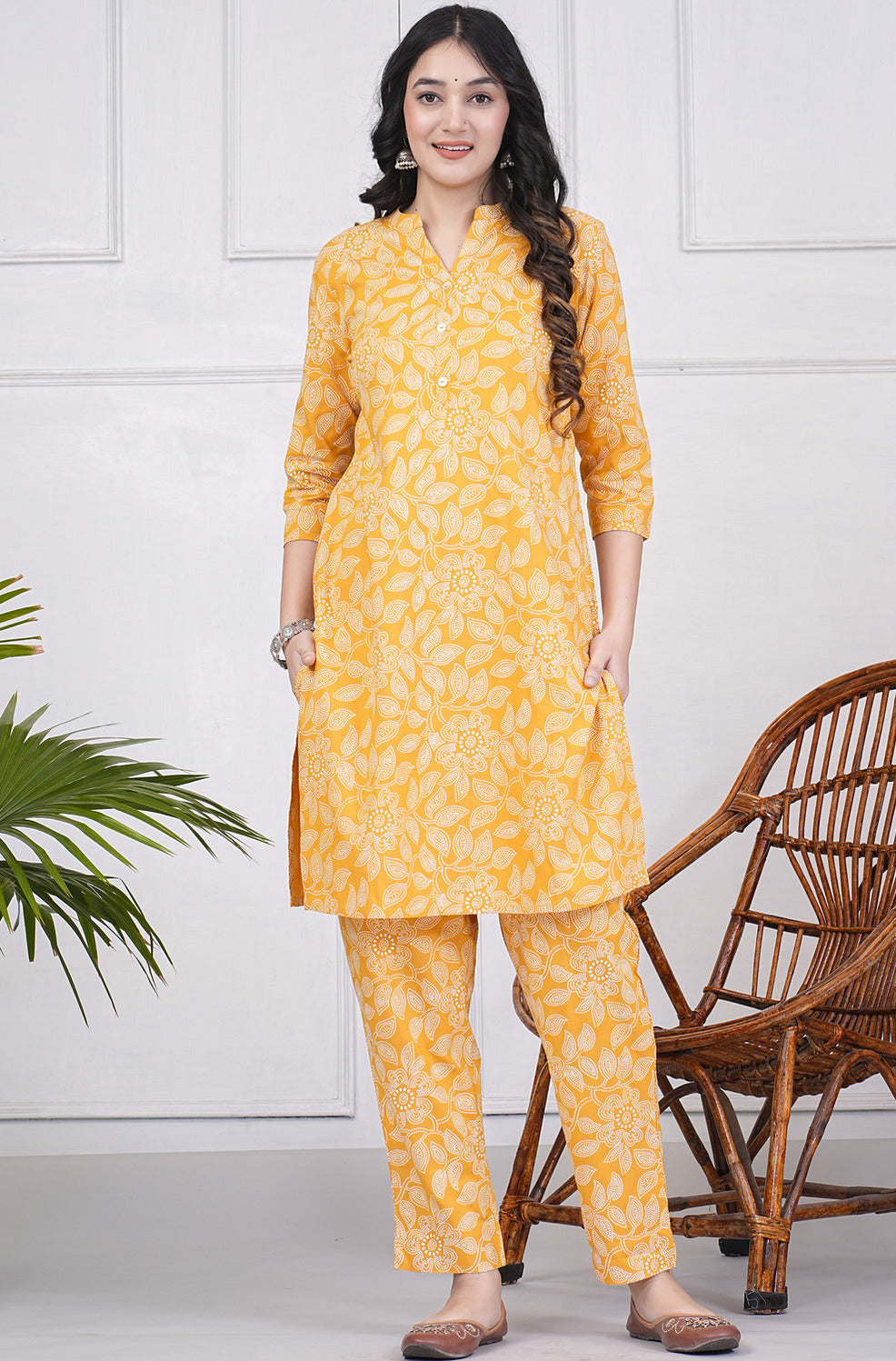 Yellow With Block Printed Rayon Kurti Set
