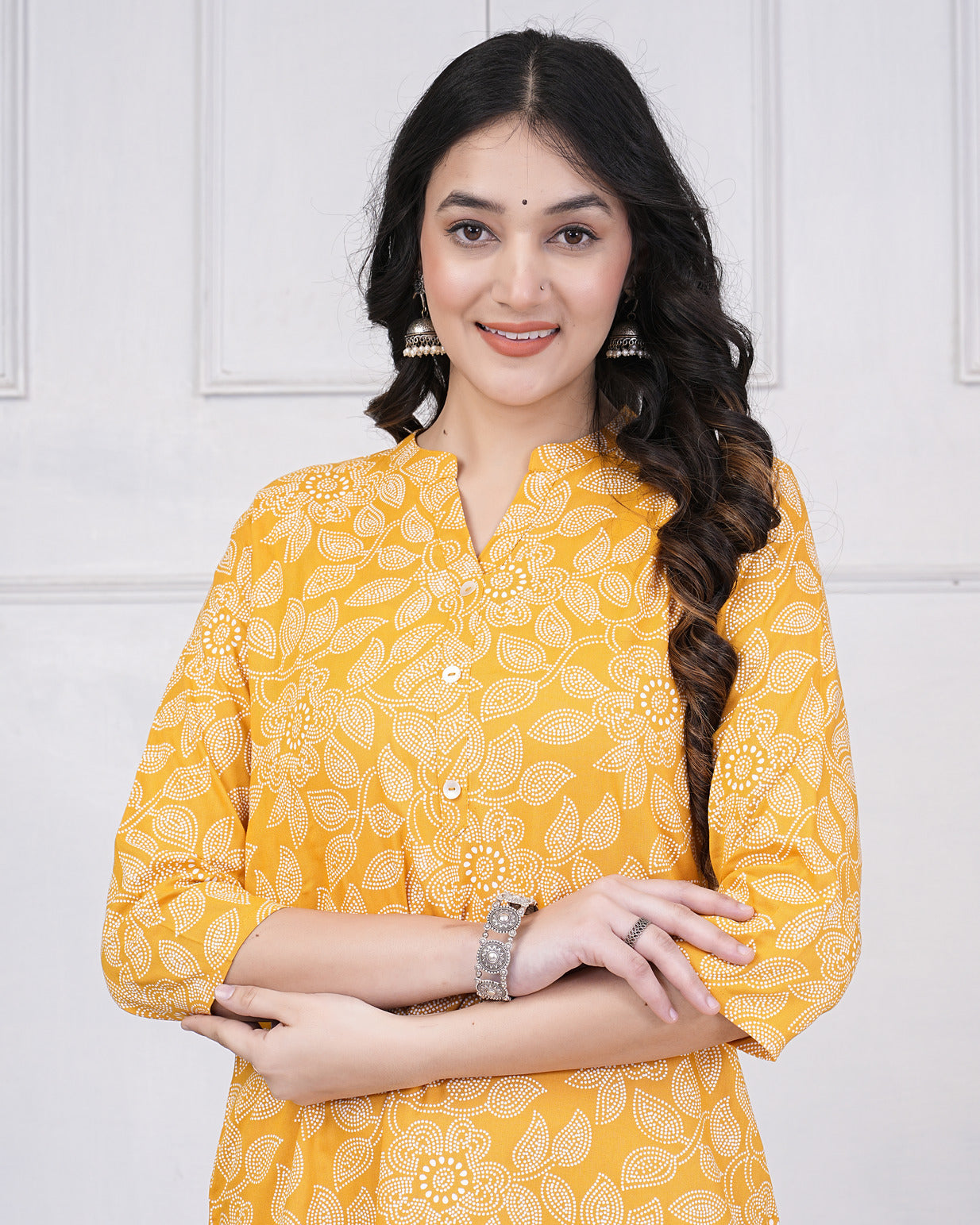 Yellow With Block Printed Rayon Kurti Set