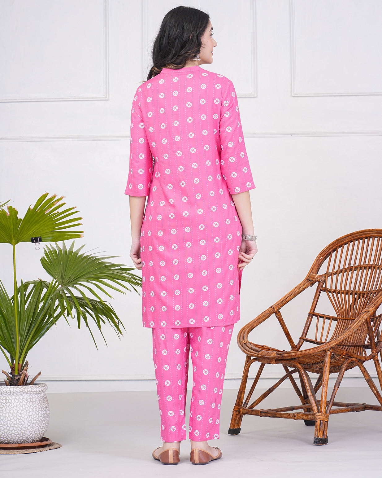 Pink With White Block Printed Rayon Kurti Set