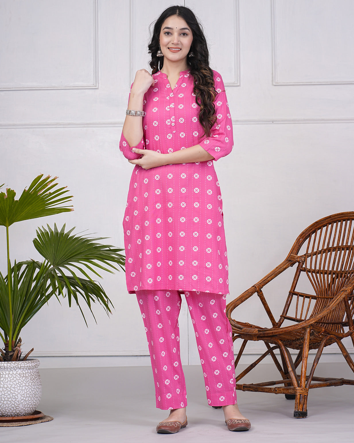 Pink With White Block Printed Rayon Kurti Set
