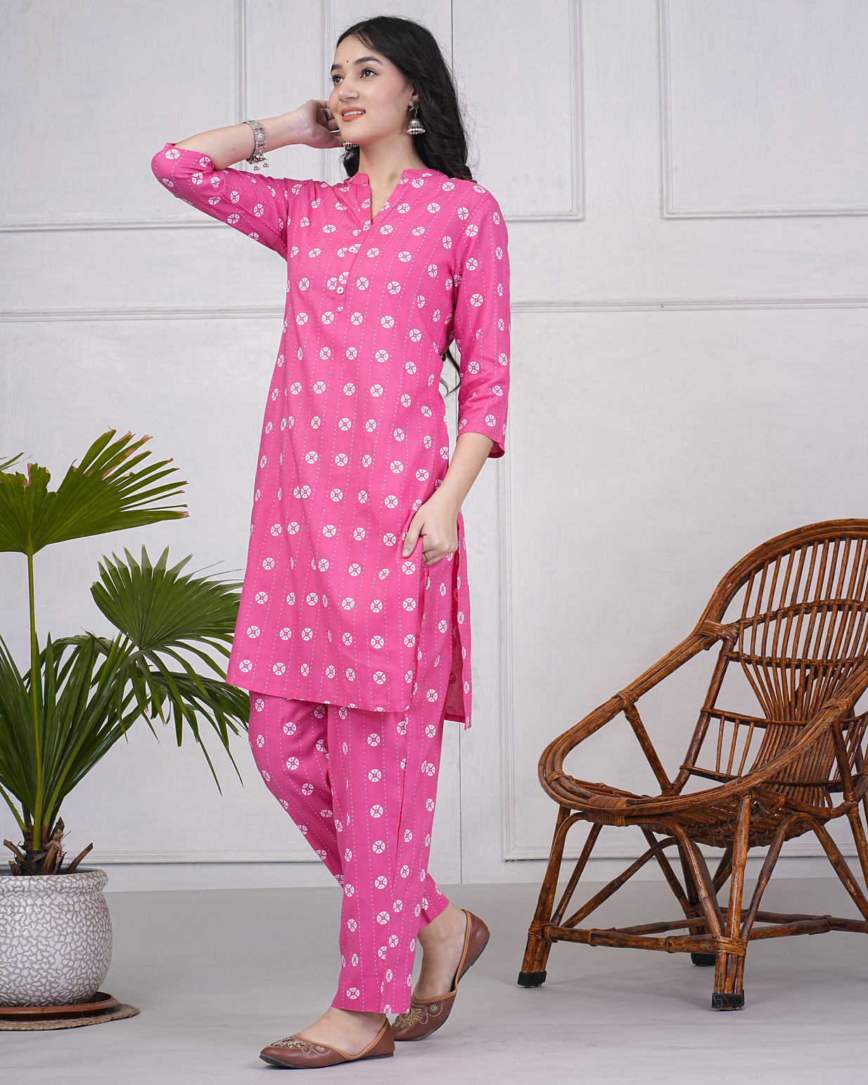 Pink With White Block Printed Rayon Kurti Set
