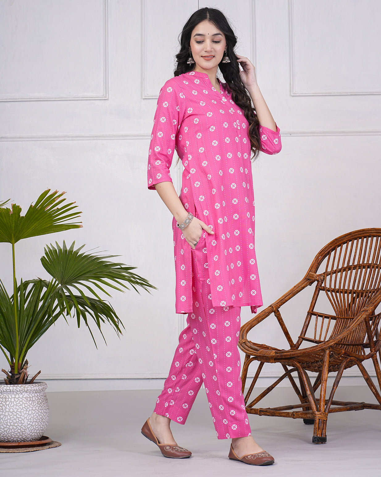 Pink With White Block Printed Rayon Kurti Set