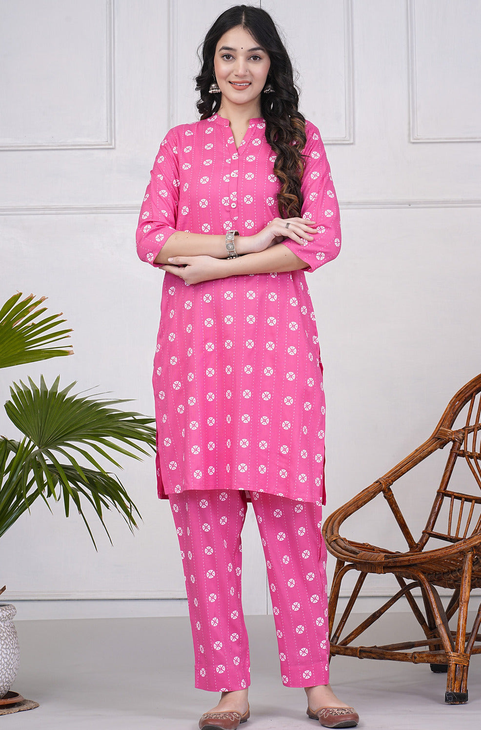 Pink With White Block Printed Rayon Kurti Set