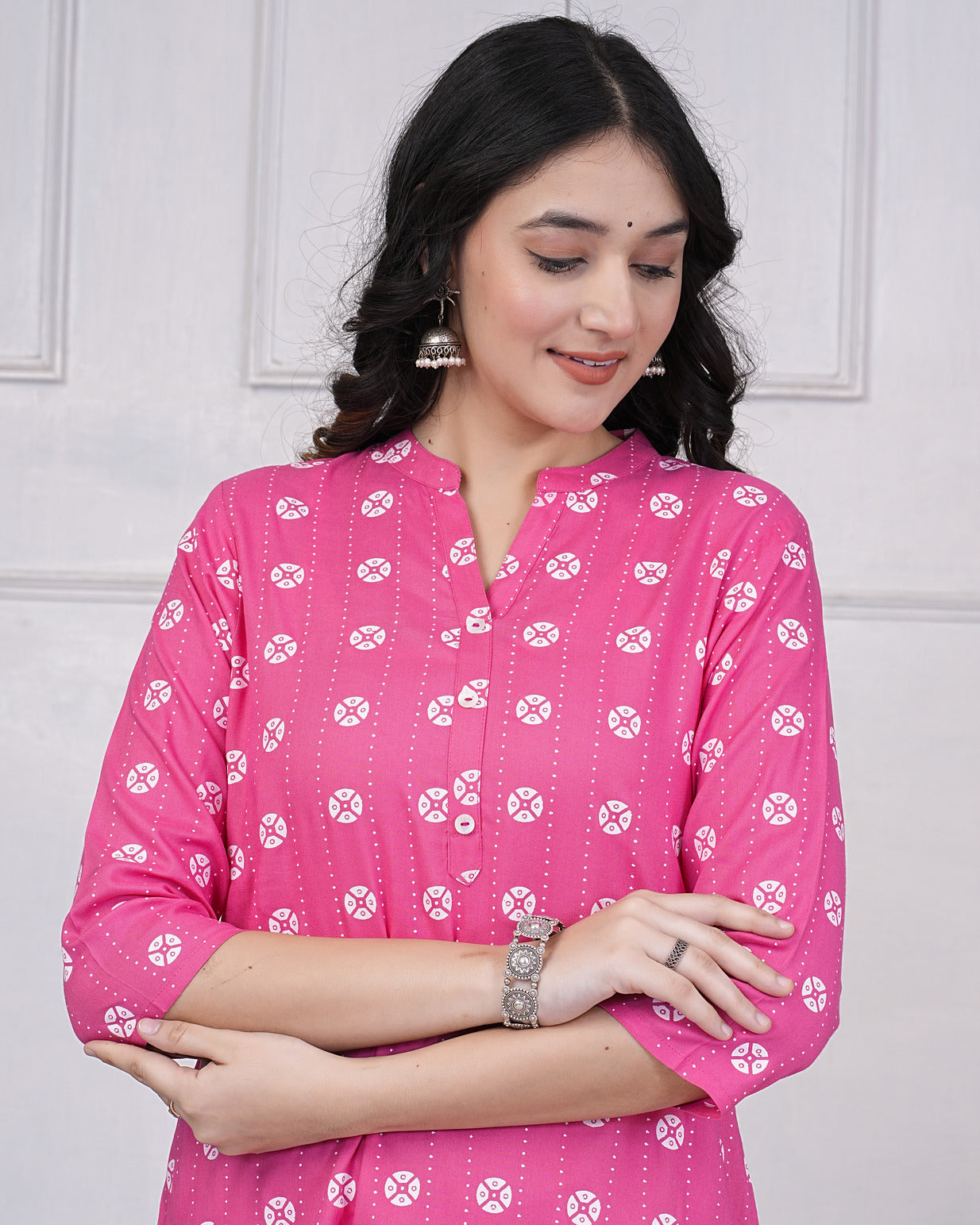 Pink With White Block Printed Rayon Kurti Set