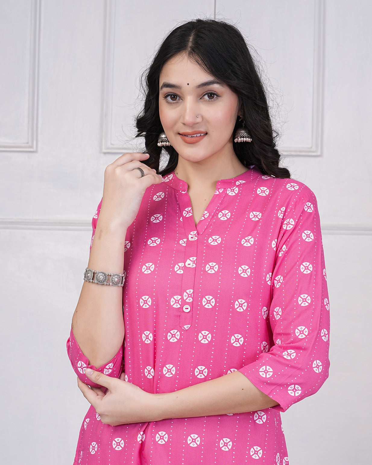 Pink With White Block Printed Rayon Kurti Set