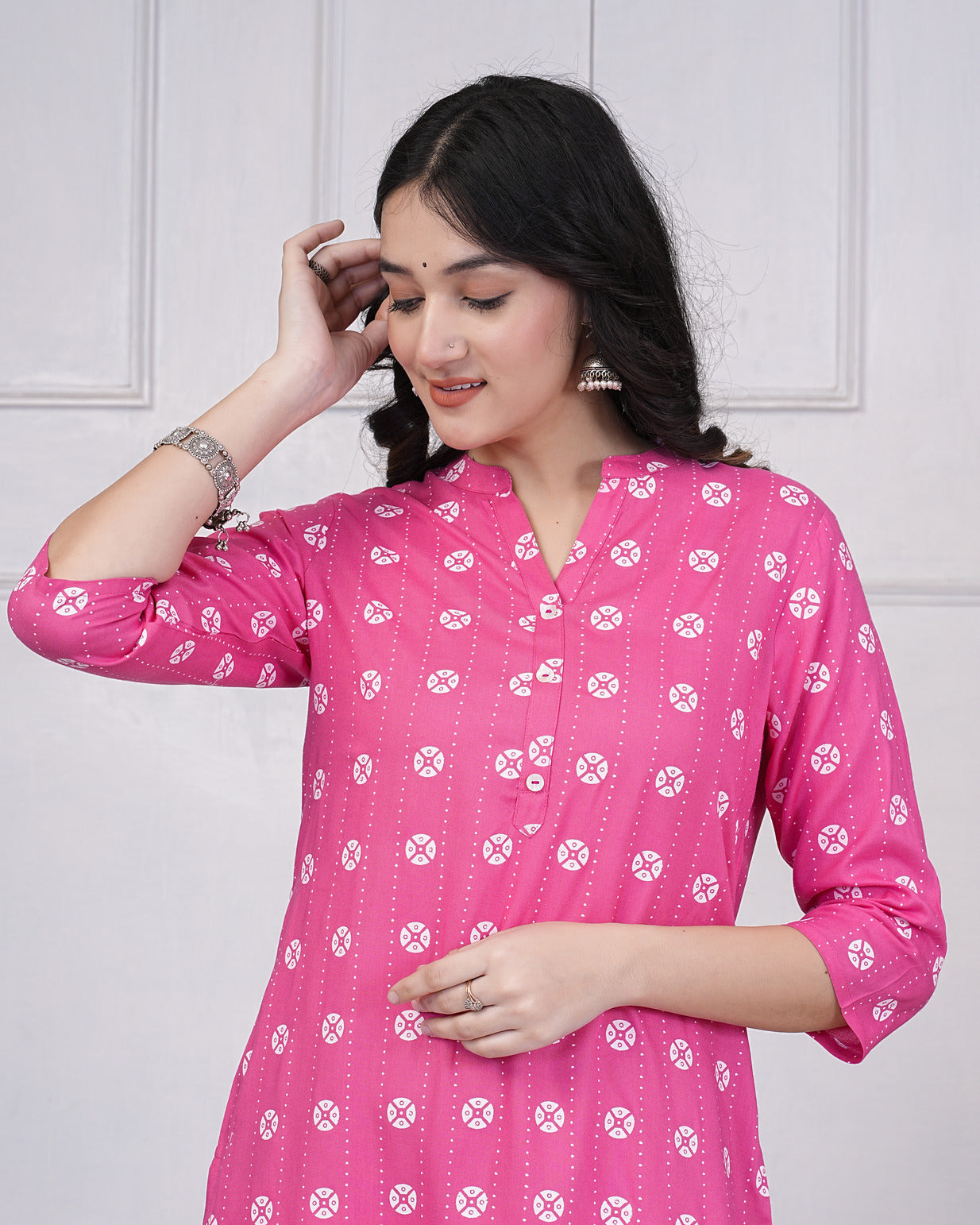 Pink With White Block Printed Rayon Kurti Set