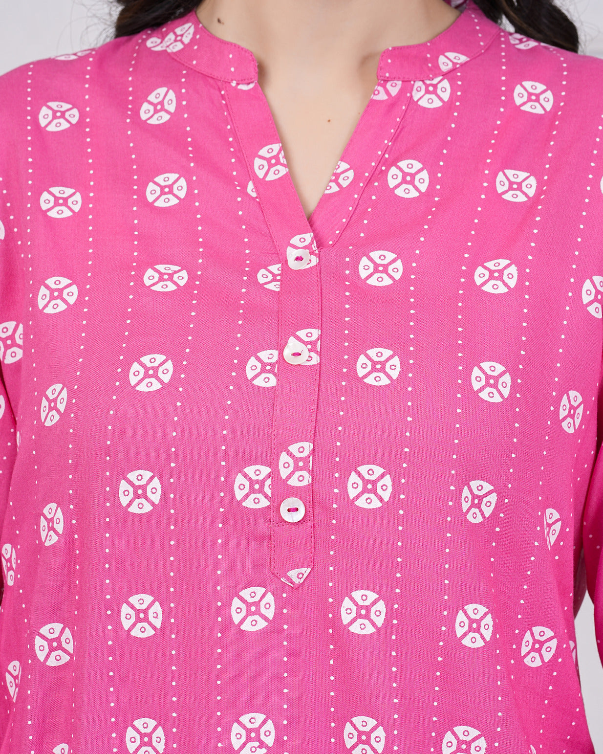 Pink With White Block Printed Rayon Kurti Set