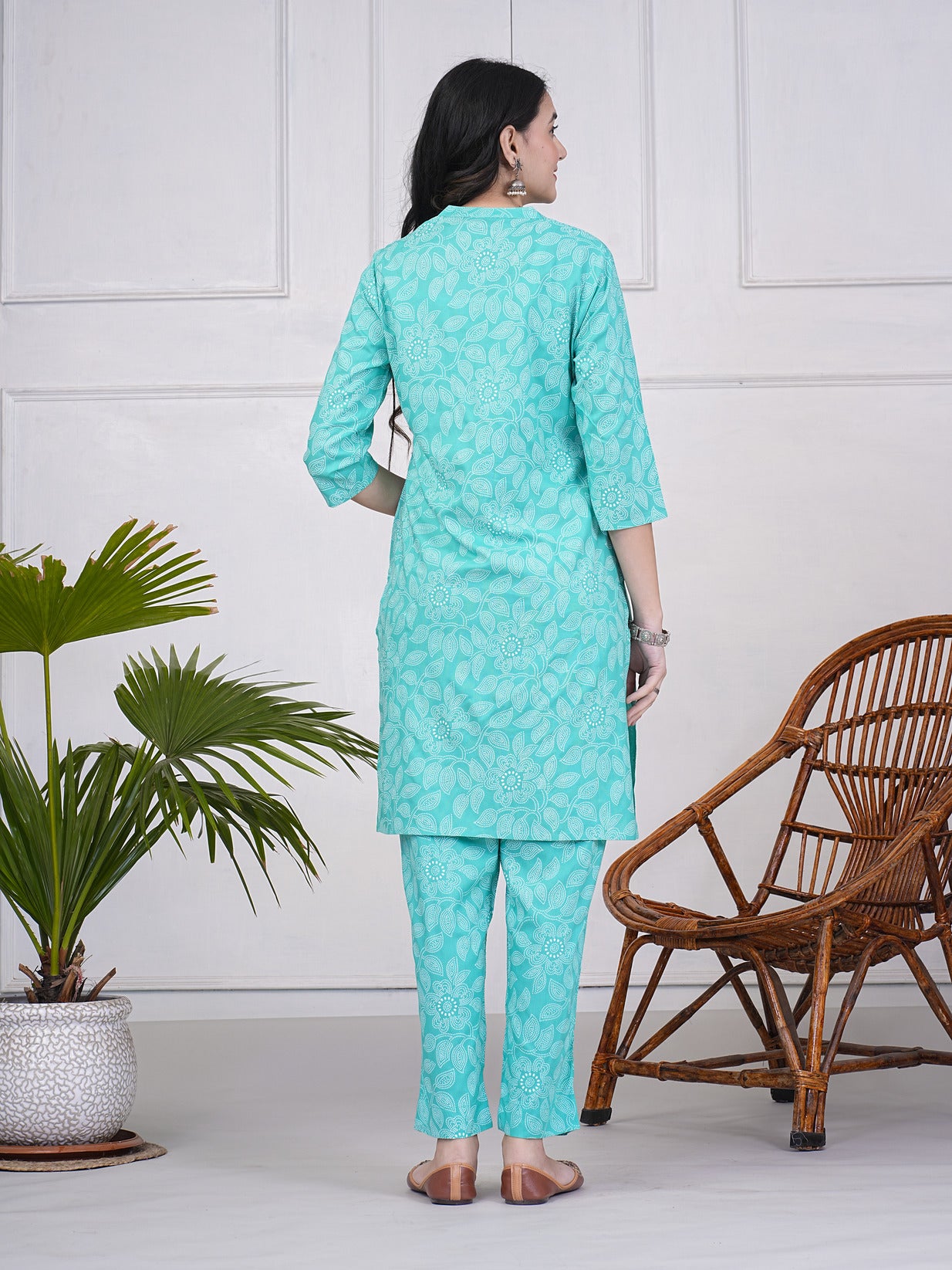 Green With Block Printed Rayon Kurti Set