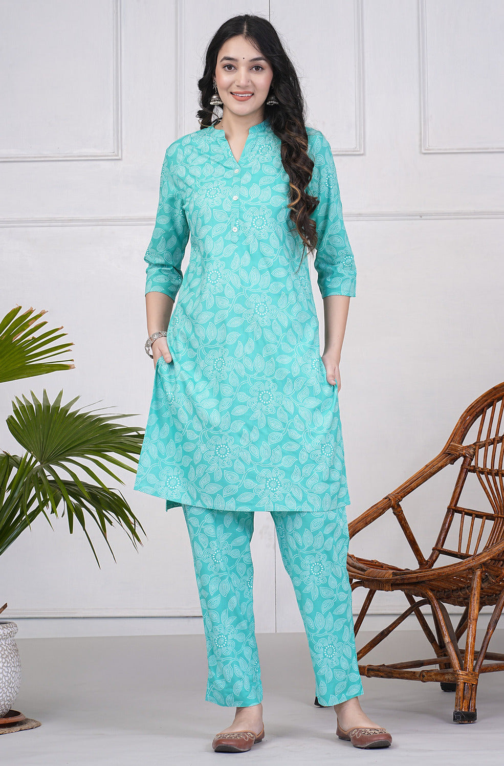 Green With Block Printed Rayon Kurti Set