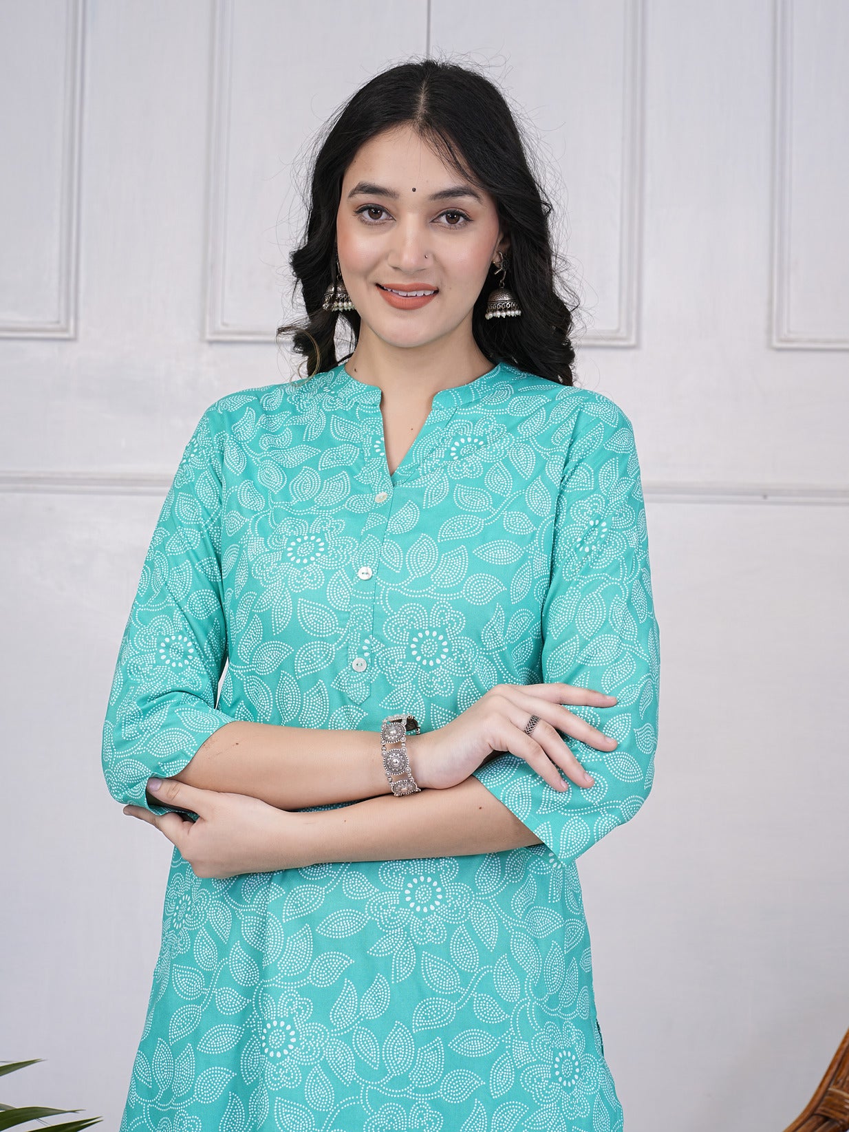 Green With Block Printed Rayon Kurti Set