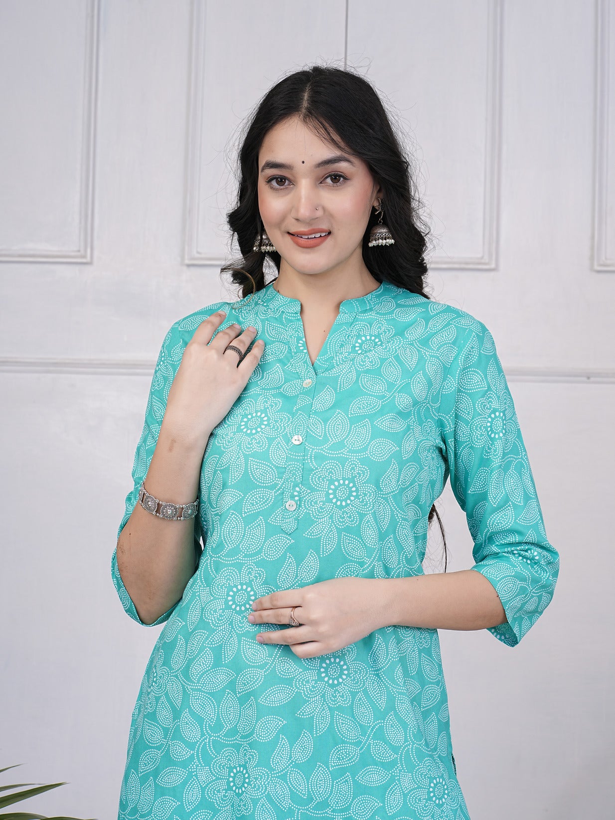 Green With Block Printed Rayon Kurti Set