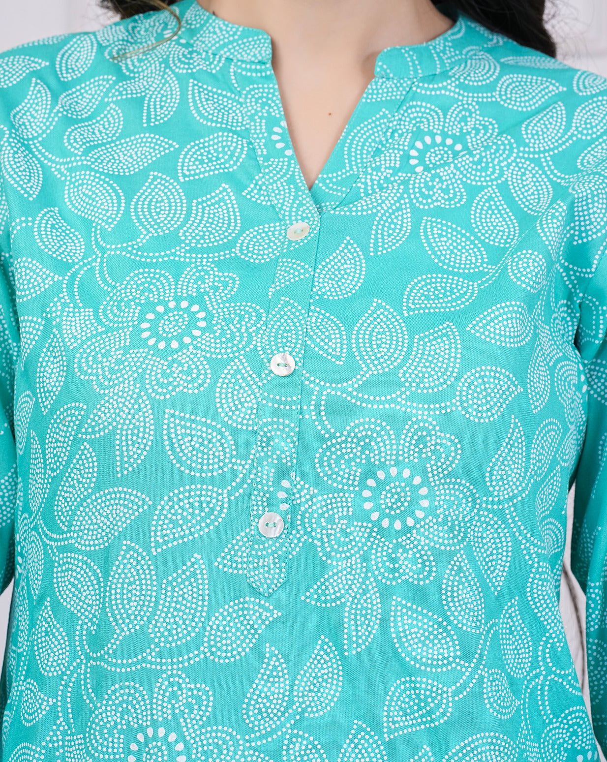 Green With Block Printed Rayon Kurti Set