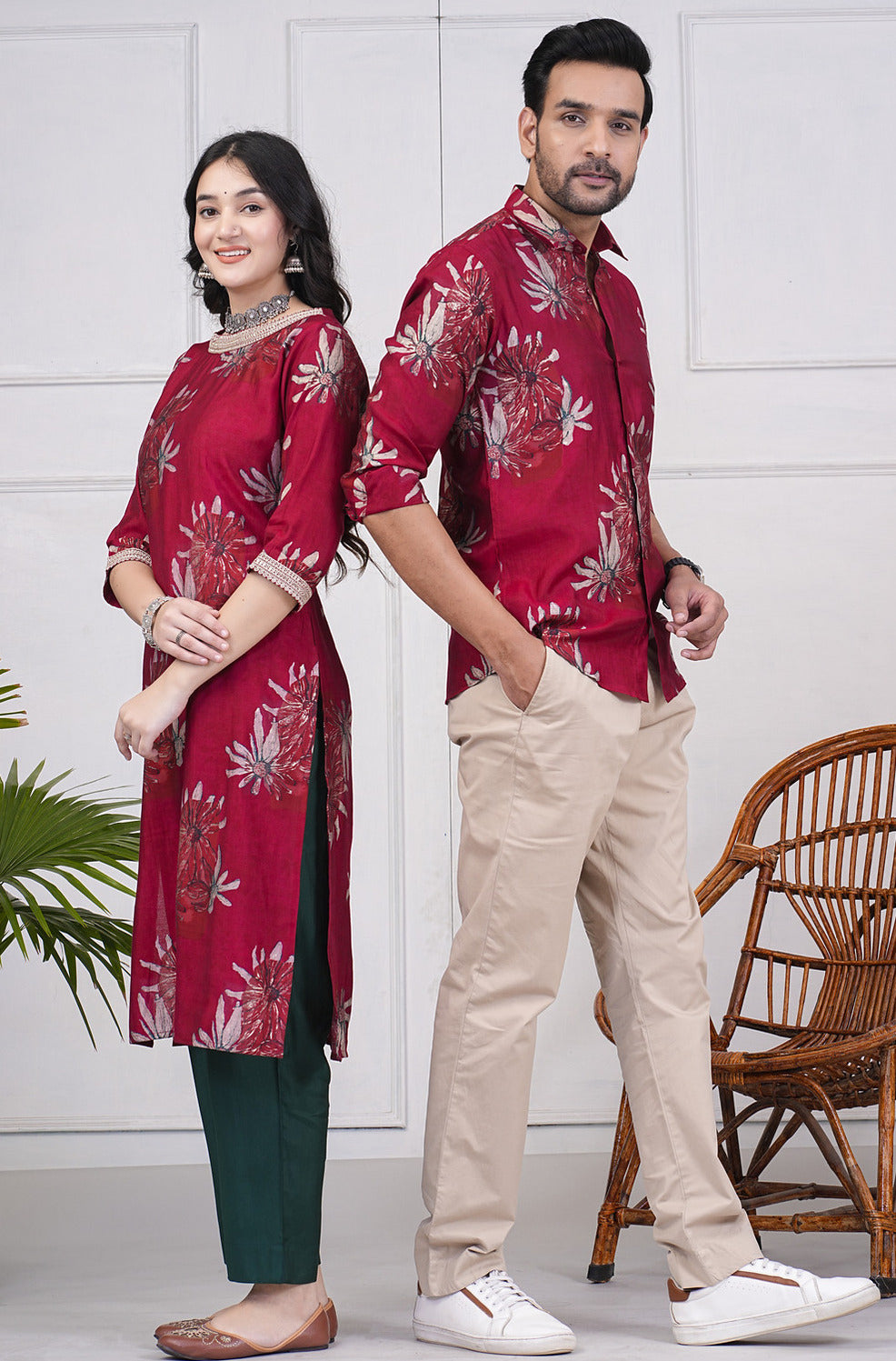 Cherry Red With Gold Printed Floral Muslin Kurti and Shirt