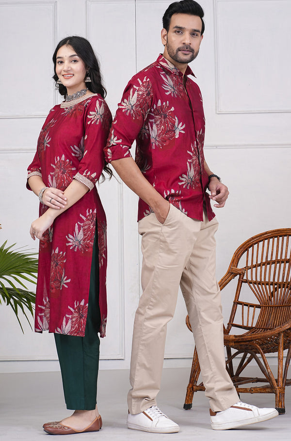 Cherry Red With Gold Printed Floral Maslin Shirt And Kurti