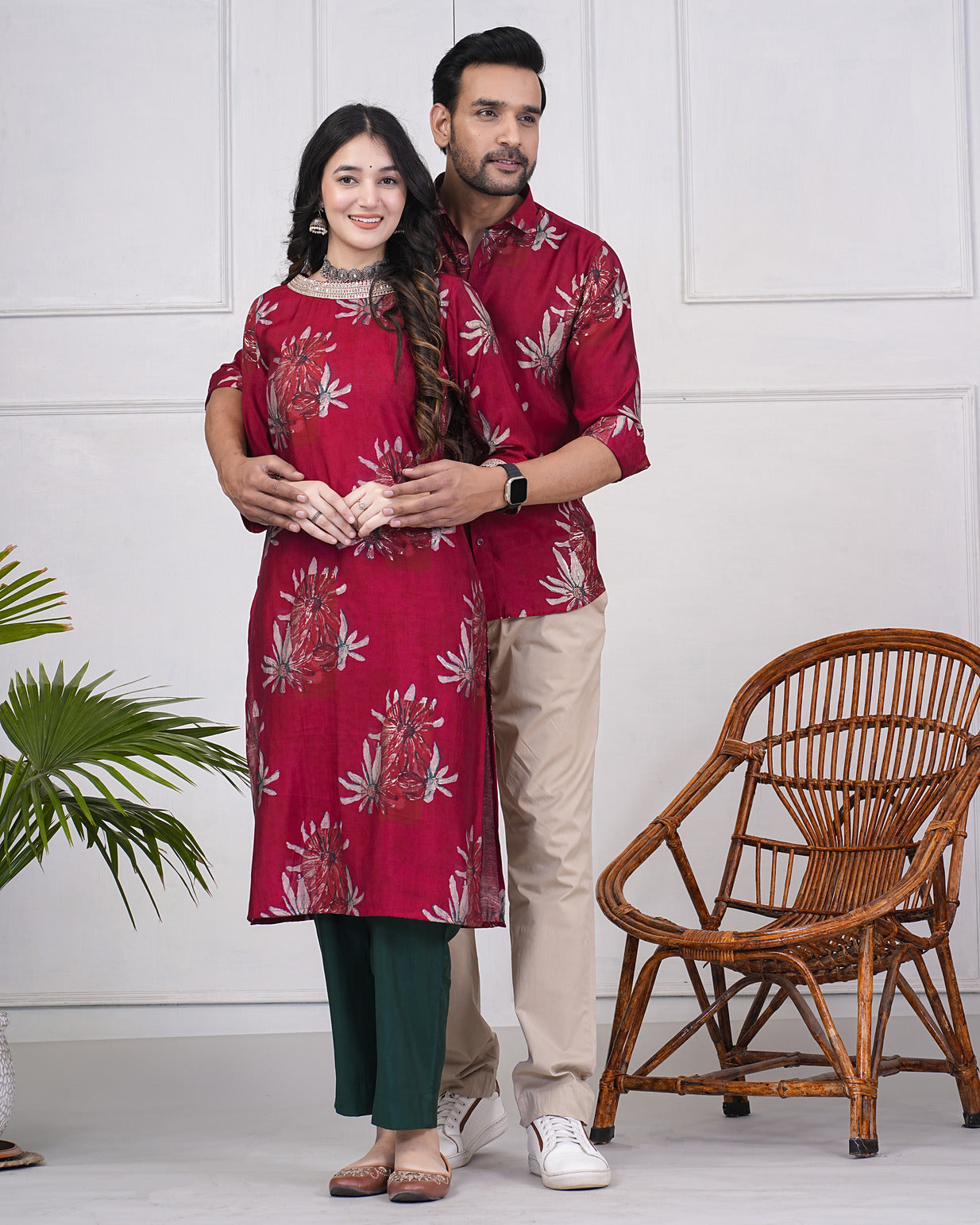 Cherry Red With Gold Printed Floral Muslin Kurti and Shirt