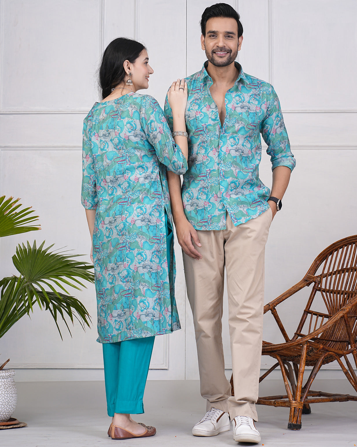 Rama Green With Gold Printed Floral Maslin Shirt and Kurti