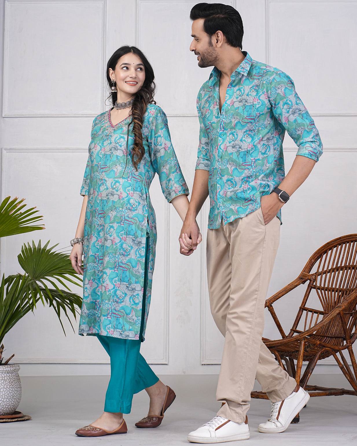 Rama Green With Gold Printed Floral Maslin Shirt and Kurti