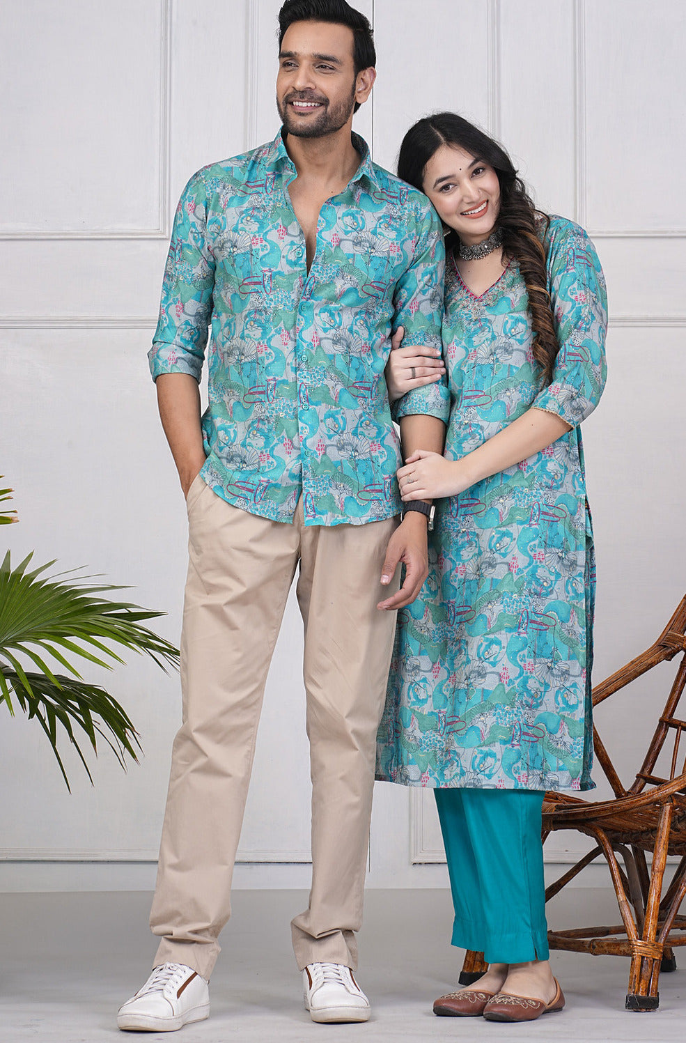 Rama Green With Gold Printed Floral Maslin Shirt and Kurti