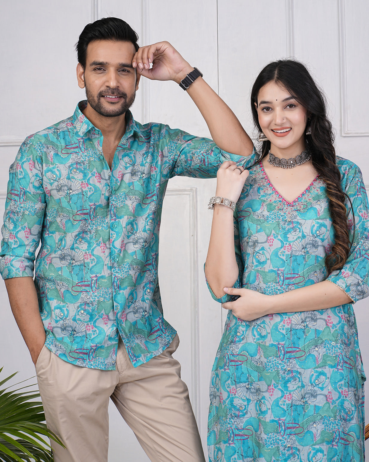 Rama Green With Gold Printed Floral Maslin Shirt and Kurti