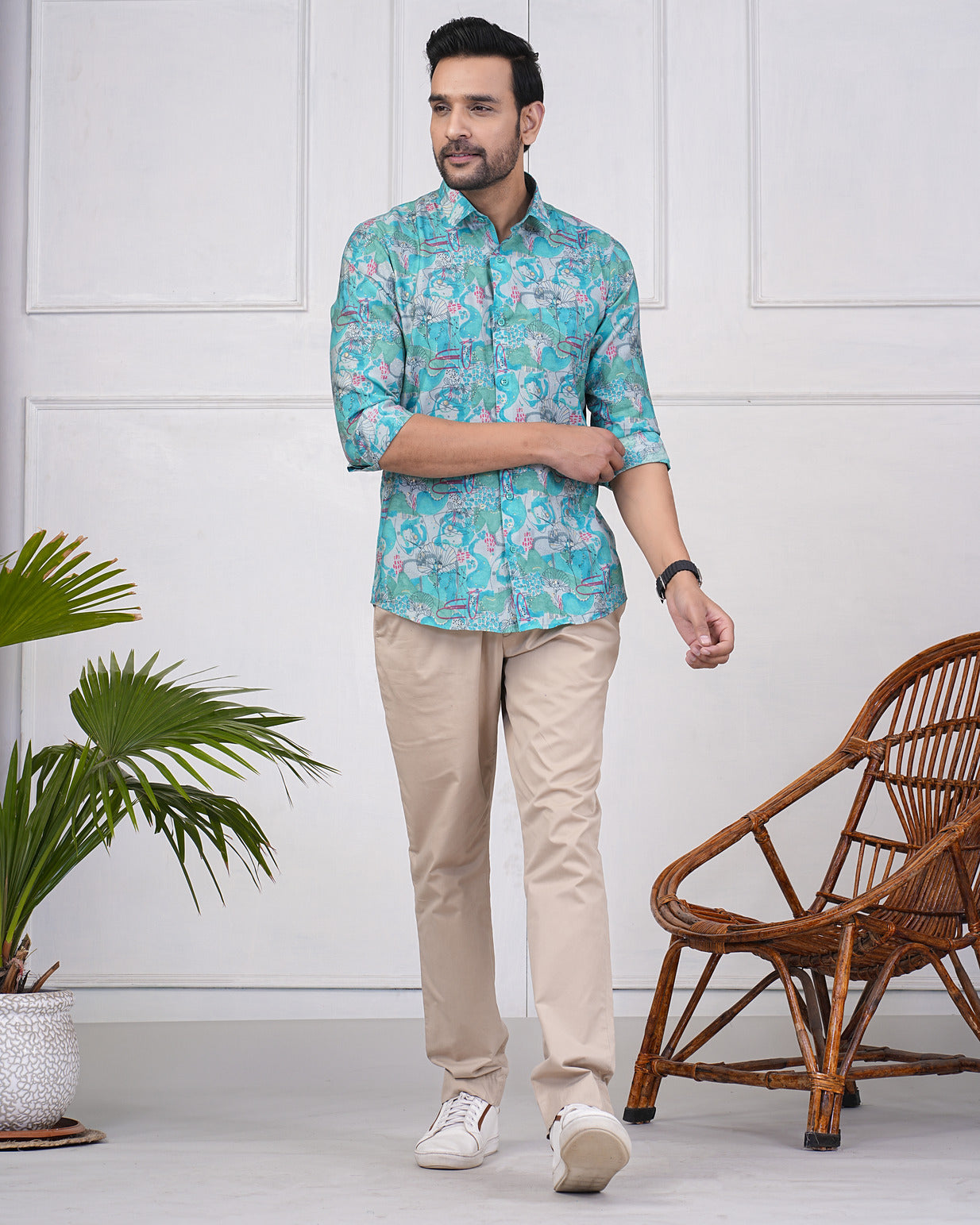 Turquoise Green With Gold Printed Floral Maslin Men's Shirt