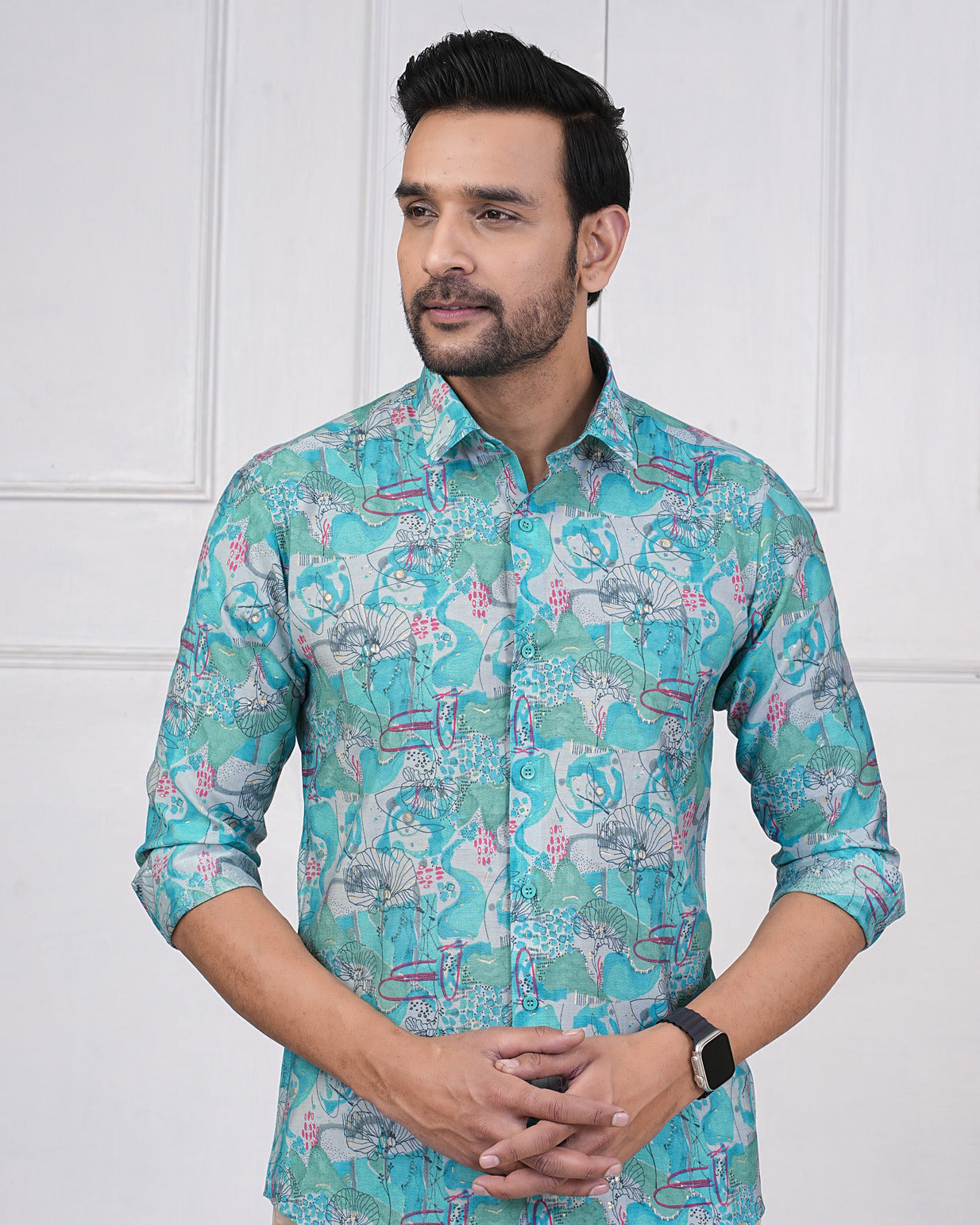 Turquoise Green With Gold Printed Floral Maslin Men's Shirt