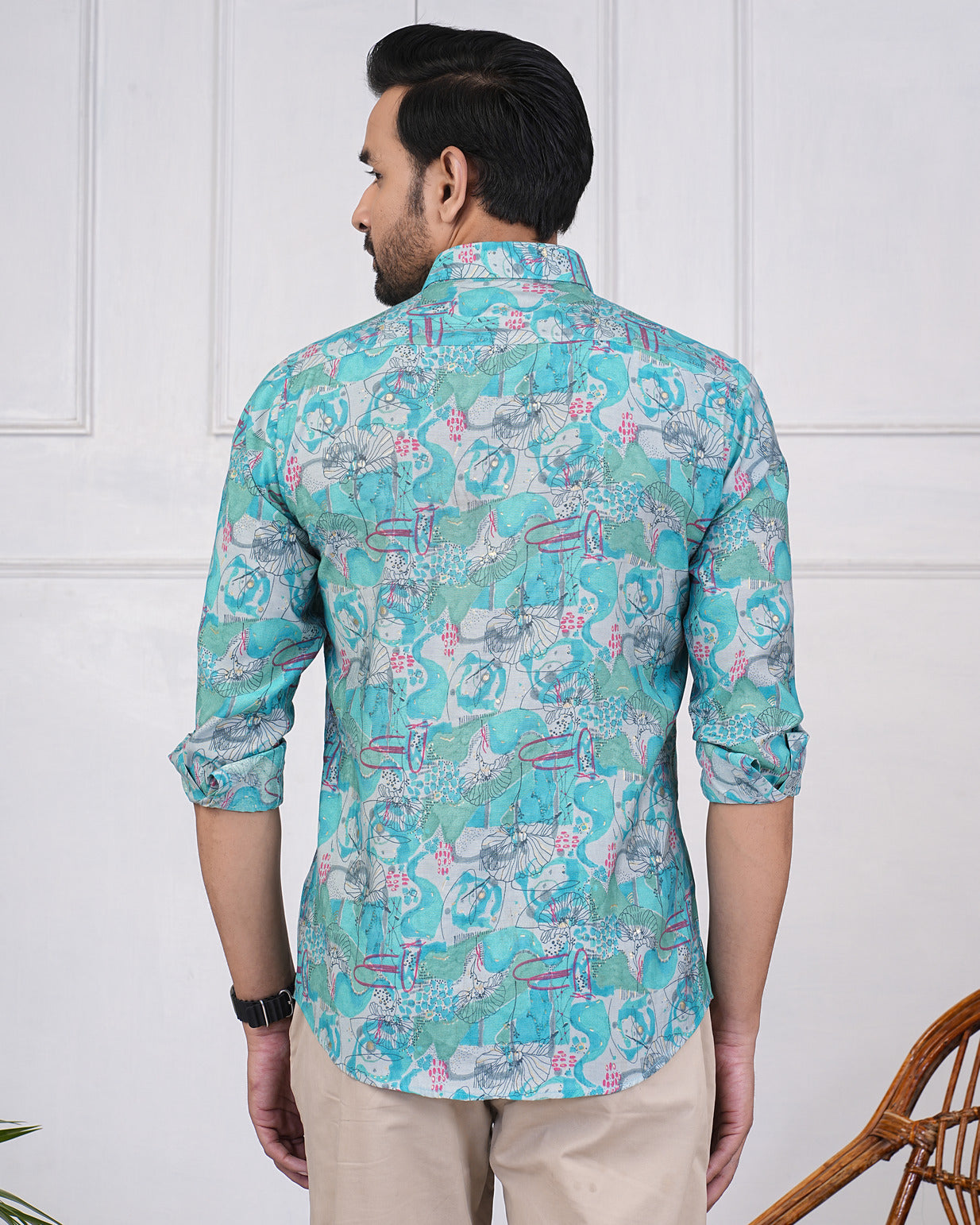 Turquoise Green With Gold Printed Floral Maslin Men's Shirt