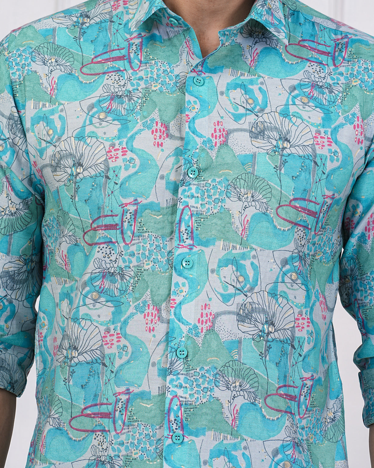 Turquoise Green With Gold Printed Floral Maslin Men's Shirt