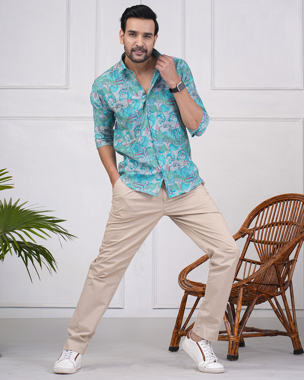 Turquoise Green With Gold Printed Floral Maslin Men's Shirt