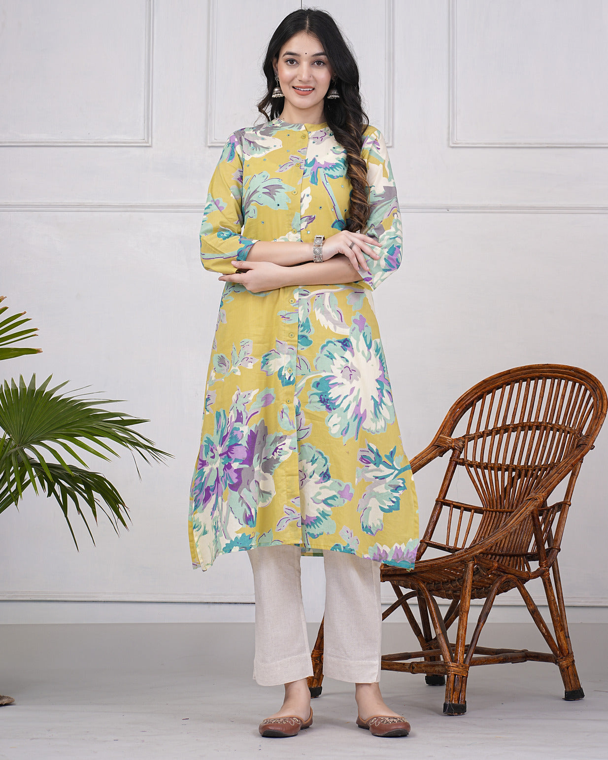 Olive Green Abstract Floral Print With Round Neck A-line Kurti