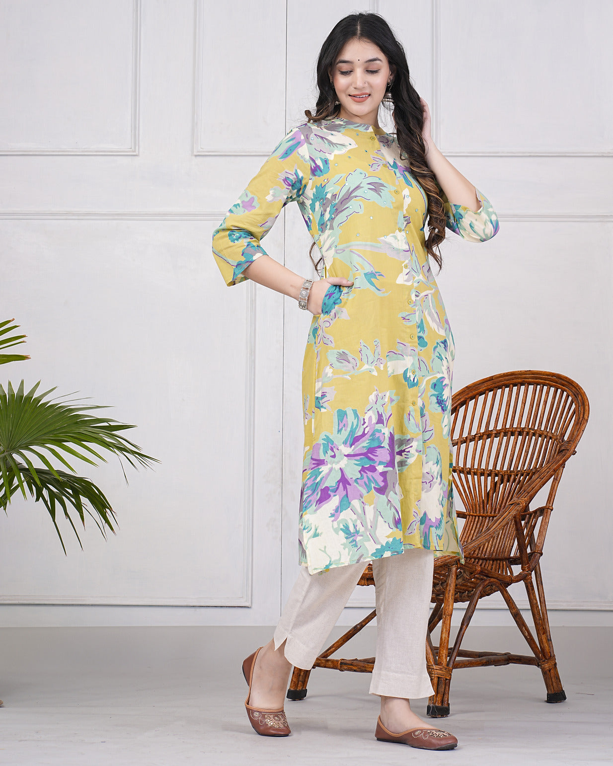 Olive Green Abstract Floral Print With Round Neck A-line Kurti