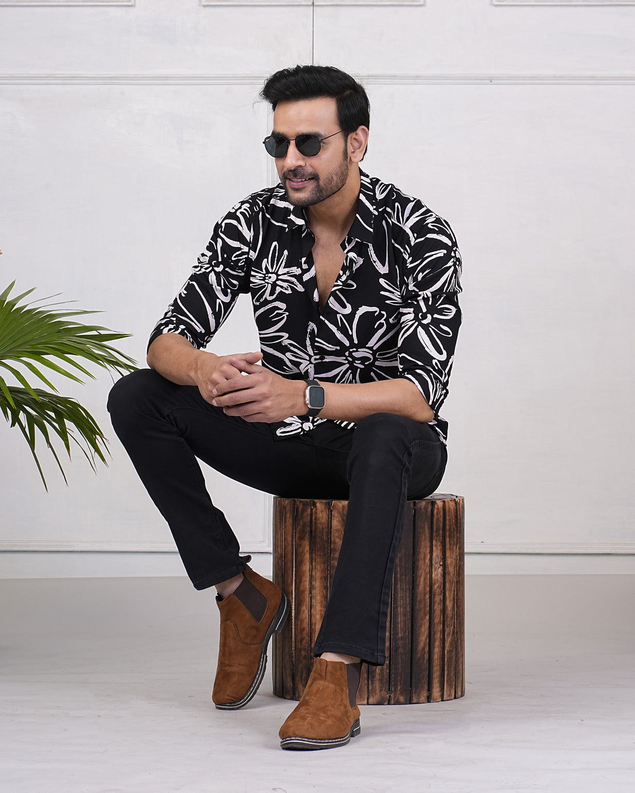 Black With White Rayon Fabric Regular Fit Men's Shirt