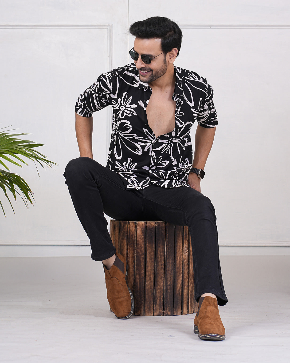 Black With White Rayon Fabric Regular Fit Men's Shirt