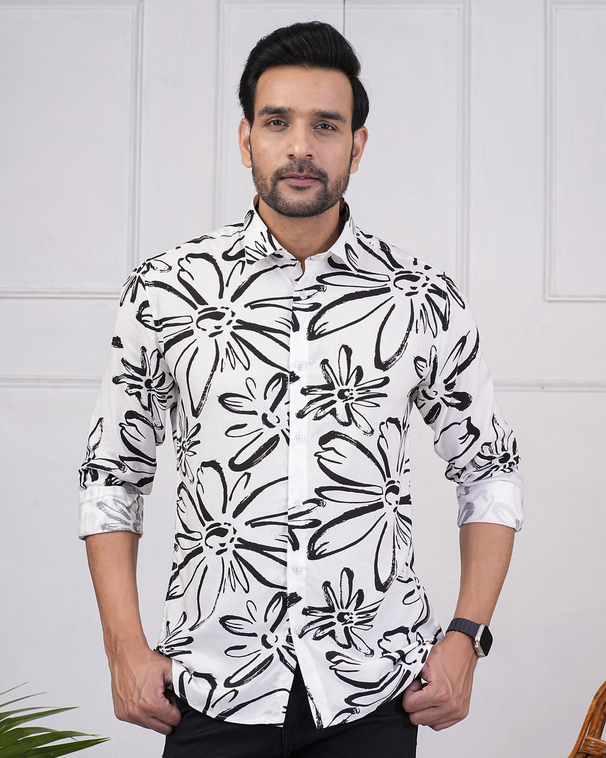 White With Black Regular Fit Rayon Men's Shirt