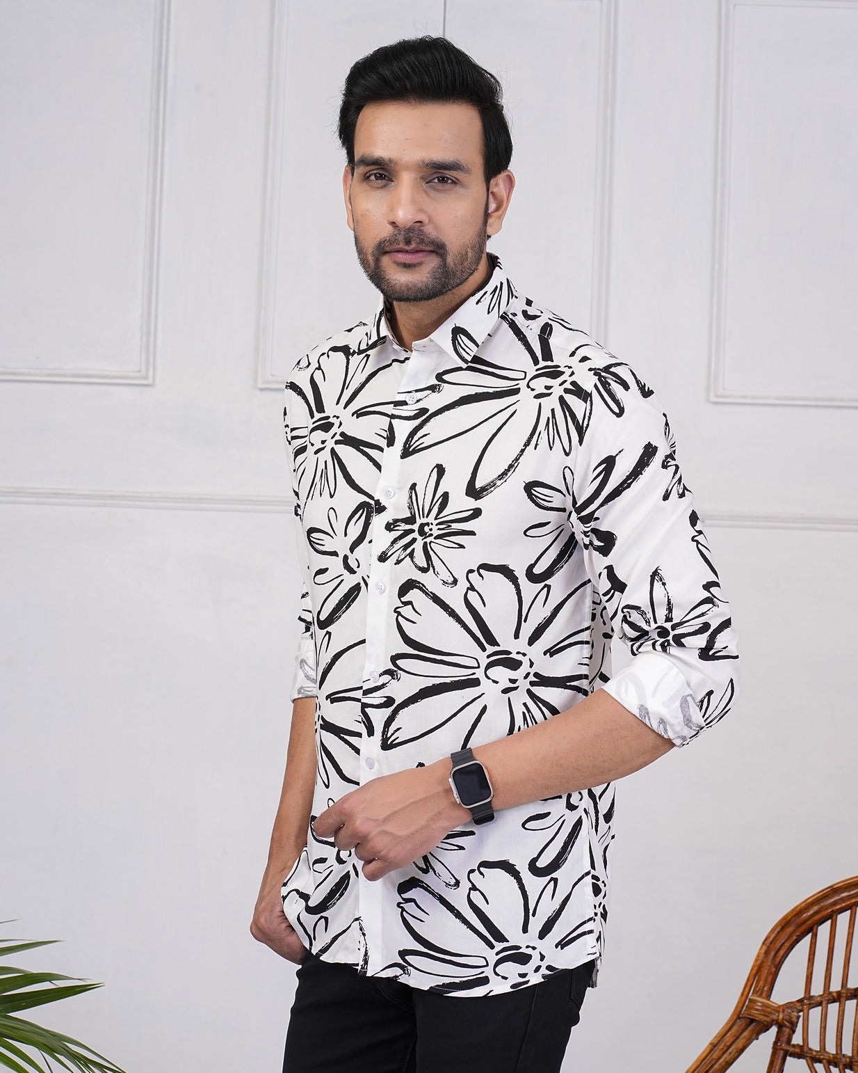 White With Black Regular Fit Rayon Men's Shirt