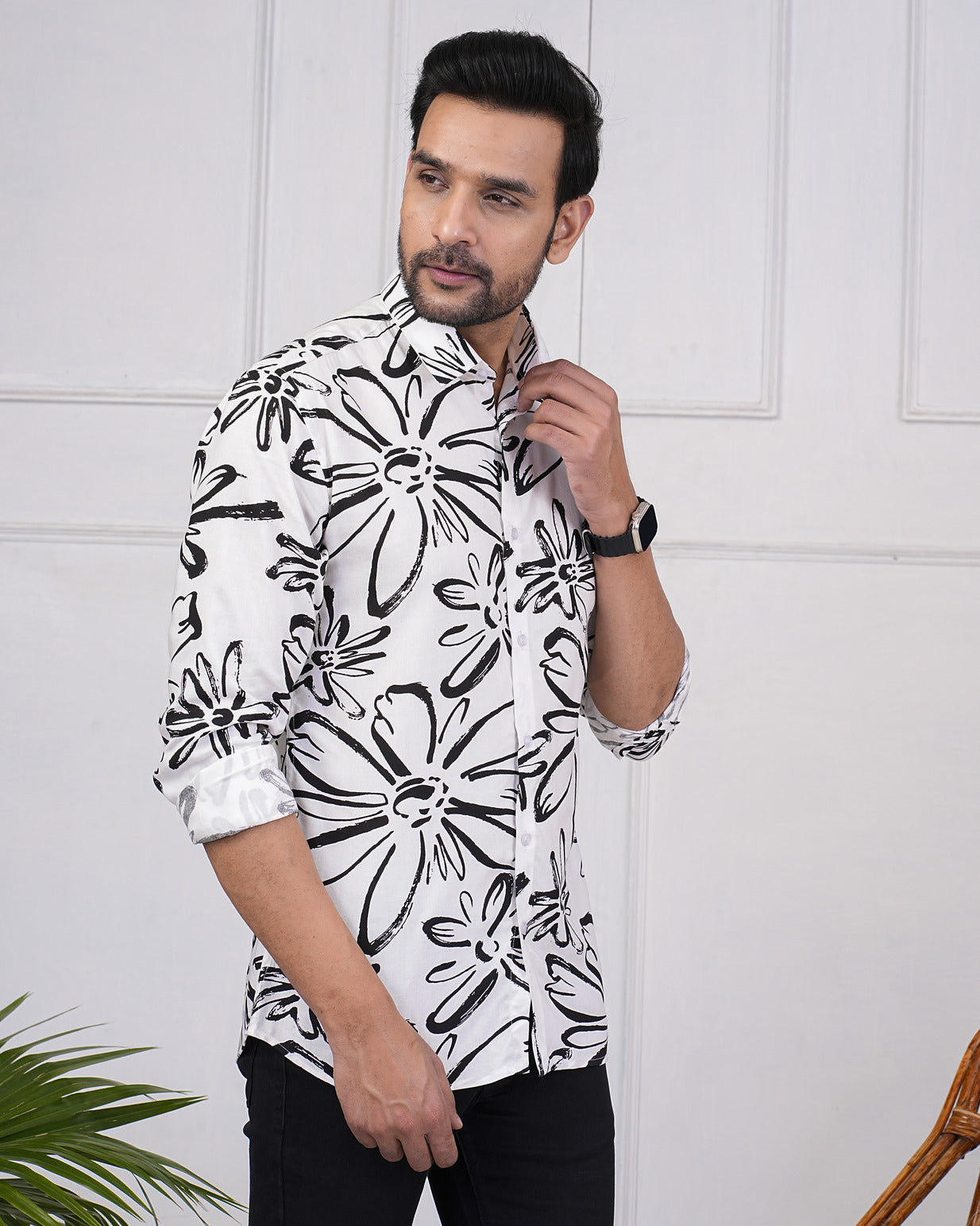 White With Black Regular Fit Rayon Men's Shirt