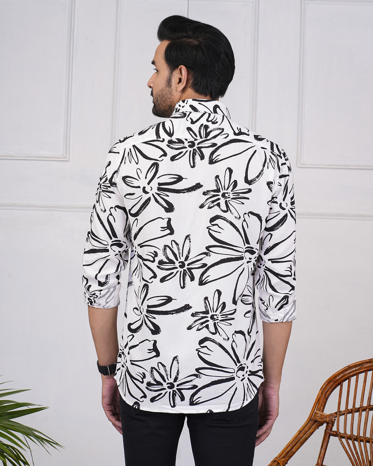 White With Black Regular Fit Rayon Men's Shirt