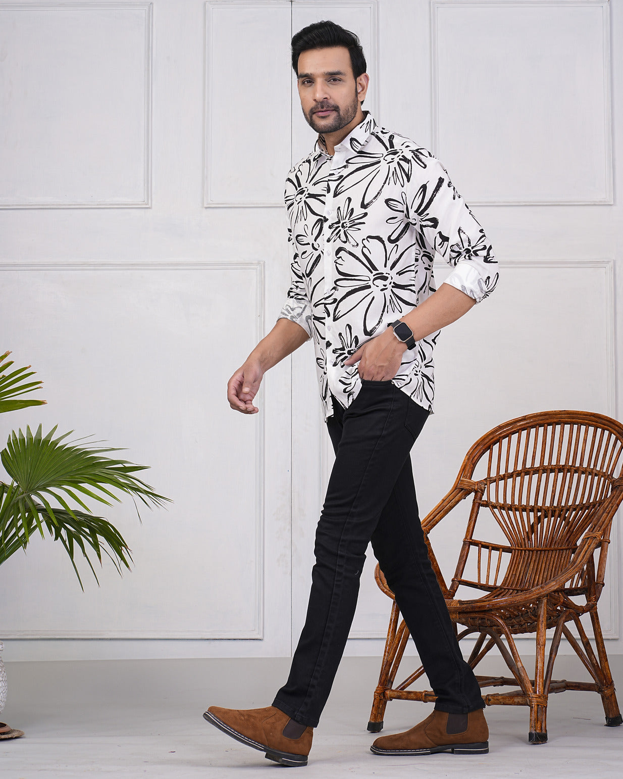 White With Black Regular Fit Rayon Men's Shirt