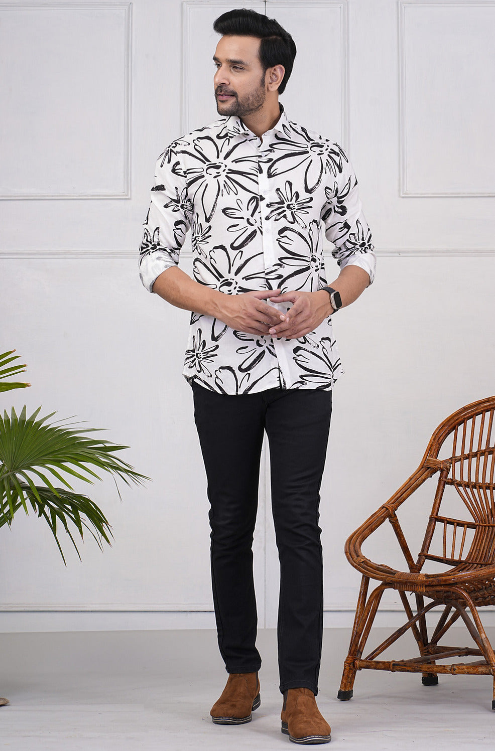 White With Black Regular Fit Rayon Men's Shirt