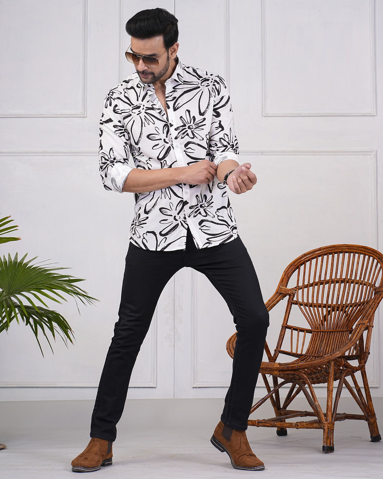 White With Black Regular Fit Rayon Men's Shirt