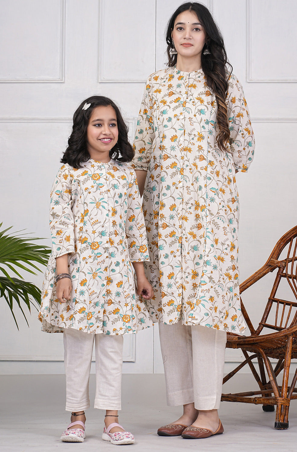 Off-White With Multicolor Floral Print Cotton Kurti